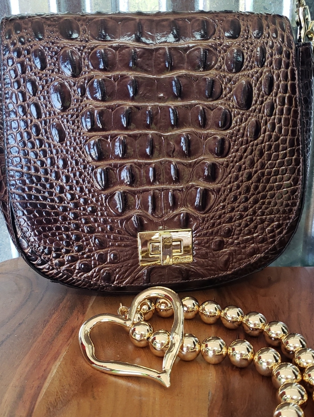 BRAHMIN SMALL SONNY Brown Croc-Embossed Shoulder Bag with Gold Hardware